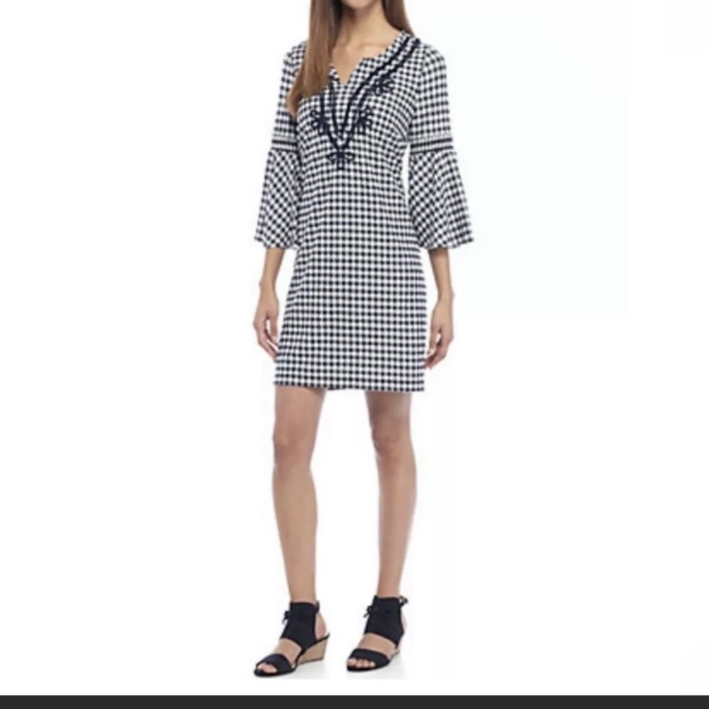 Crown & Ivy | Plaid Rope Bell Sleeve Dress Keyhole Back Navy